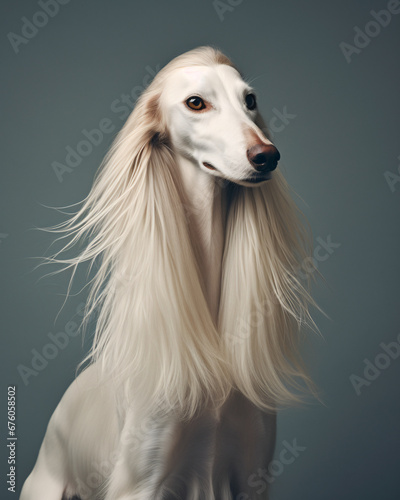 white hound dog with long hair of an afghan breed photo
