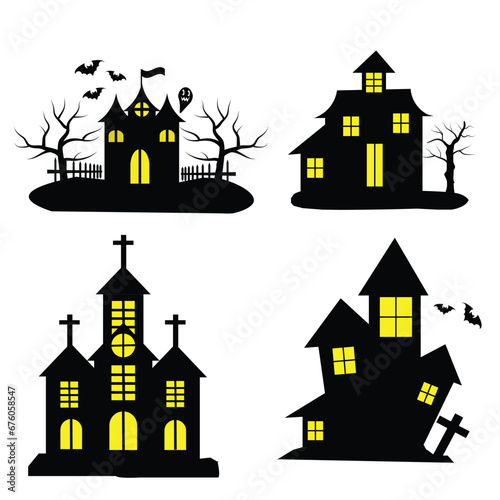 Happy Halloween with silhouette haunted house set.