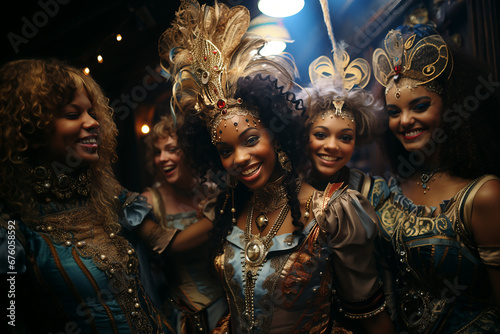 women of different ethnicities enjoy the carnival party, they are dressed up in costumes and are smiling and happy. they wear masks on their heads. photo