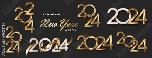 Collection 2024 gold numbers for New Year greeting cards, banners or posters vector illustration. Compositions from golden numbers 2024.
