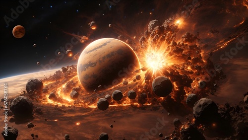 Collision of planets. Cosmic clash. Cosmic art. Galactic art. High Resolution. 4K - 8K - 12K TV. Generative AI.