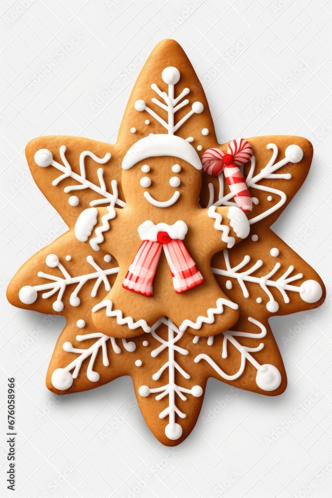 A festive gingerbread star adorned with colorful decorations and a candy cane. Perfect for holiday-themed designs and Christmas celebrations.
