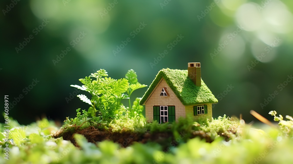 Eco House In Green Environment. Miniture House On Grass Eco House In Green Environment. Miniture House On Grass