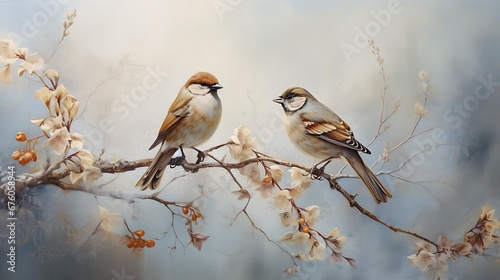 small sparrows on branches sitting and eating small flowers