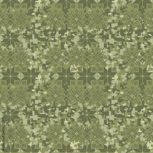 Vector seamless pattern with Ukrainian ornament. MM 14. Military background. Khaki digital pixel tiles. Modern camo uniform for soldiers in the war.