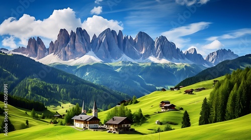 Famous best alpine place of the world, Santa Maddalena village with magical Dolomites mountains in background, Val di Funes valley, Trentino Alto Adige region, Italy, Europe photo