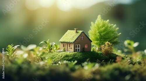 Eco House In Green Environment. Miniture House On Grass  photo