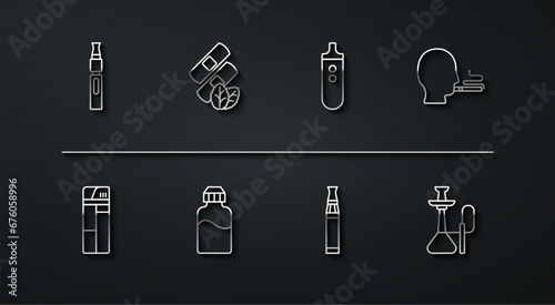 Set line Electronic cigarette, Lighter, Man smoking, Vape liquid bottle, Medical nicotine patches, Hookah and icon. Vector