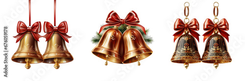 Set of Christmas Bells with Red Ribbons isolated on transparent background 