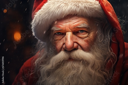A close-up view of a person wearing a Santa hat. This festive image can be used for various holiday-themed designs and promotions