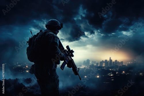 A man stands with a rifle in front of a bustling city. This image can be used to depict themes of security, protection, law enforcement, or urban surveillance photo