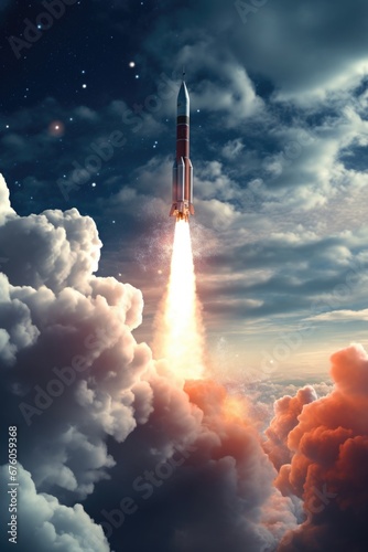 A rocket is shown taking off into the sky filled with clouds. This image can be used to depict space exploration, technological advancements, or the concept of reaching for the stars
