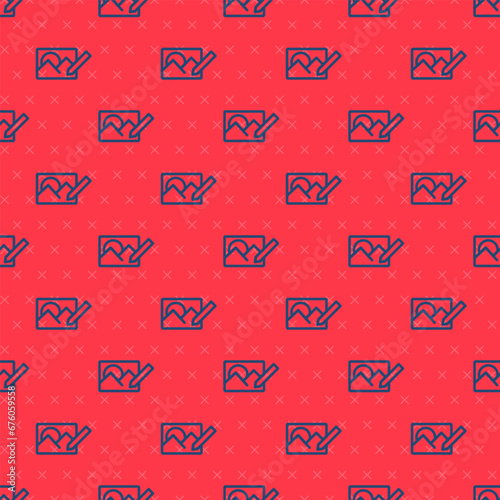 Blue line Photo retouching icon isolated seamless pattern on red background. Photographer, photography, retouch icon. Vector