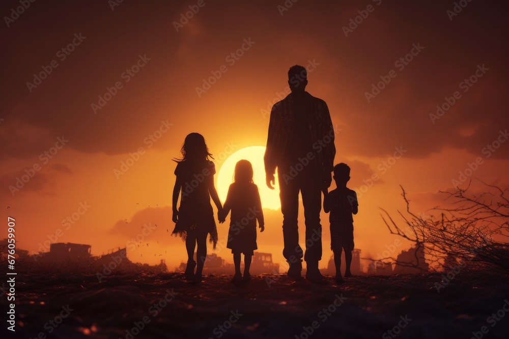 A man and two children standing together, facing the sun. Perfect for family bonding and outdoor activities