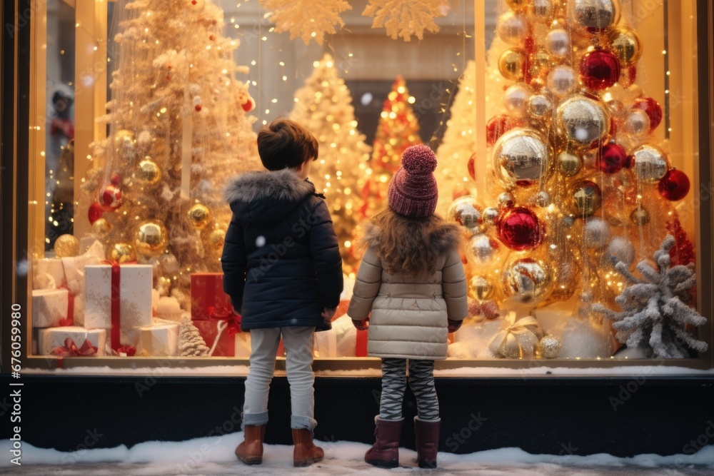 A picture of a couple of kids standing in front of a window. This image can be used to depict curiosity, innocence, or the concept of looking out into the world