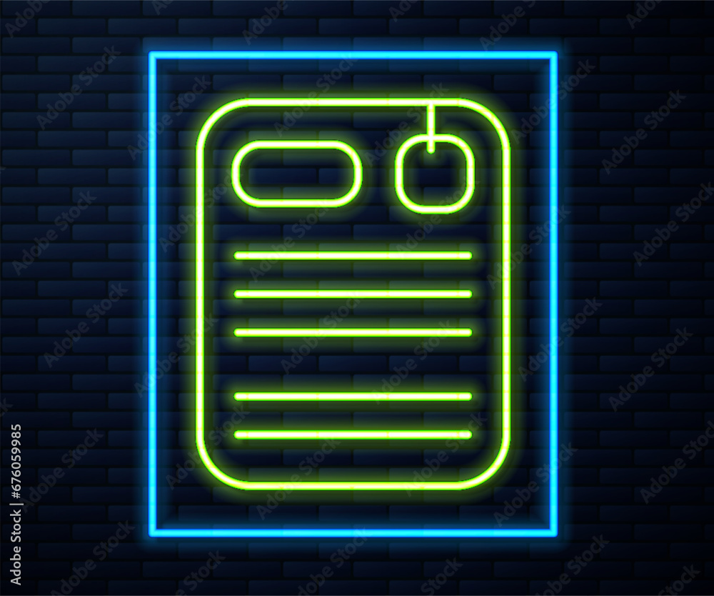 Glowing neon line Dossier folder icon isolated on brick wall background. Vector Glowing neon line Dossier folder icon isolated on brick wall background. Vector