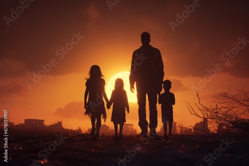 A man and two children standing together, facing the sun. Perfect for family bonding and outdoor activities