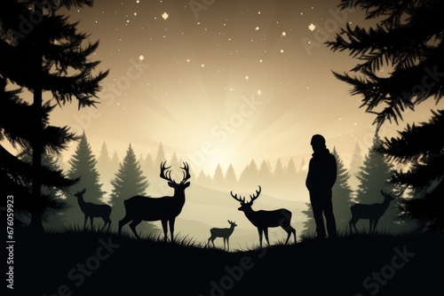 A man standing amidst the trees in a forest  accompanied by a deer. This image can be used to depict a peaceful coexistence between humans and wildlife