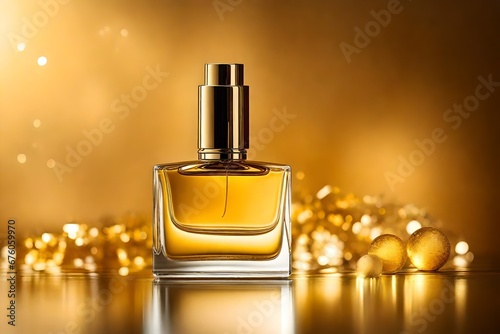 giolden perfume container in bright sparkly blurry background