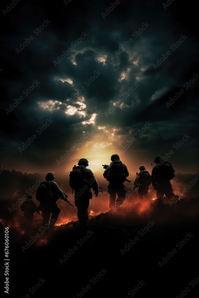 A group of soldiers walking across a field. This image can be used to depict teamwork, military operations, or soldiers in action. Suitable for various projects and designs A group of soldiers walking across a field. This image can be used to depict teamwork, military operations, or soldiers in action. Suitable for various projects and designs