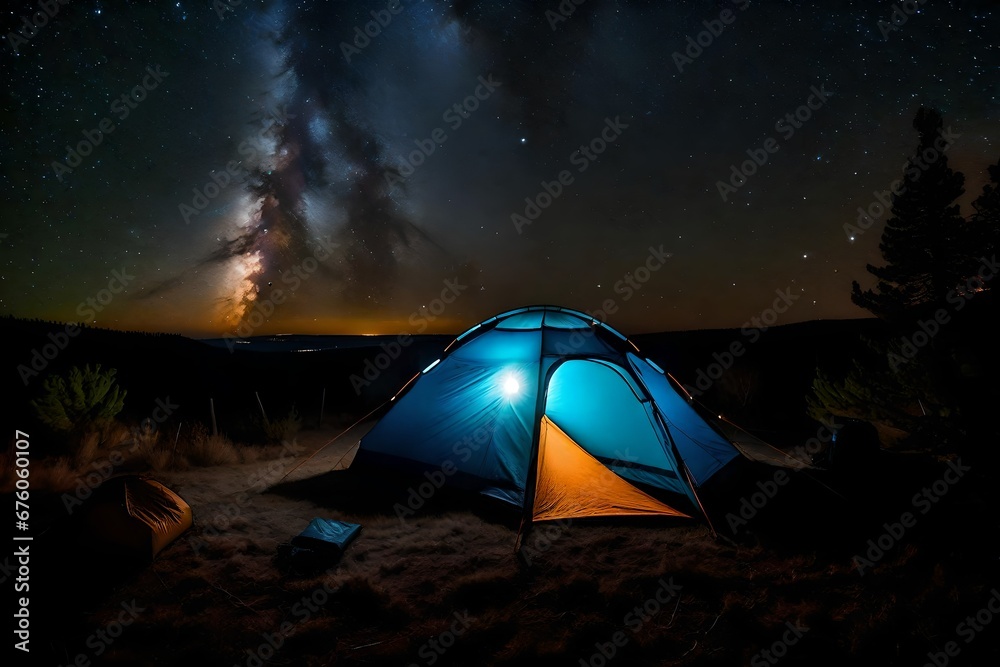 bright lighten tent at night under a starry sky  - obrazy, fototapety, plakaty 