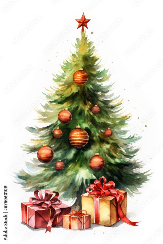 A beautiful watercolor painting of a Christmas tree adorned with colorful presents underneath. Perfect for holiday-themed designs and festive decorations