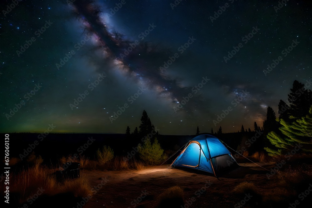 bright lighten tent at night under a starry sky 