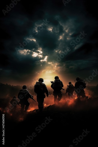A group of soldiers walking across a field. This image can be used to depict teamwork, military operations, or soldiers in action. Suitable for various projects and designs