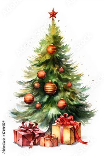A beautiful watercolor painting of a Christmas tree adorned with colorful presents underneath. Perfect for holiday-themed designs and festive decorations