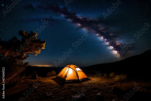 bright lighten tent at night under a starry sky 