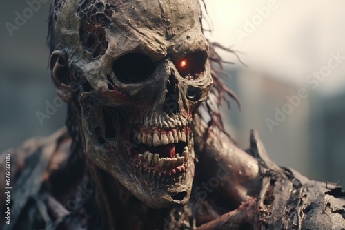 A close-up view of a person with a creepy face. This image can be used to create a spooky atmosphere or for Halloween-related projects