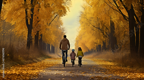 Family cycling in autumn, walking along paths in the park, rear view. © Tanuha