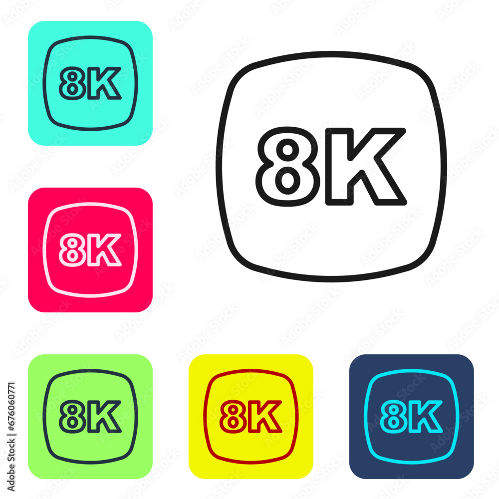 Black line 8k Ultra HD icon isolated on white background. Set icons in color square buttons. Vector Black line 8k Ultra HD icon isolated on white background. Set icons in color square buttons. Vector