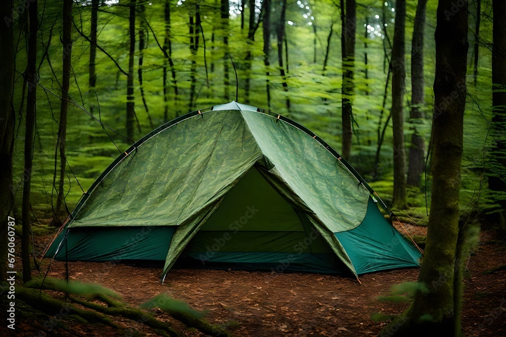 green tent in the forest , bushcraft and wild camping - obrazy, fototapety, plakaty 
