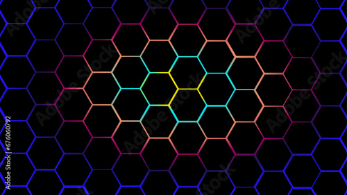 Abstract Luxurious Black Hexagonal Background. Seamless honeycomb pattern background with gradient stroke. 3D Futuristic abstract honeycomb mosaic background. Geometric mesh cell texture.