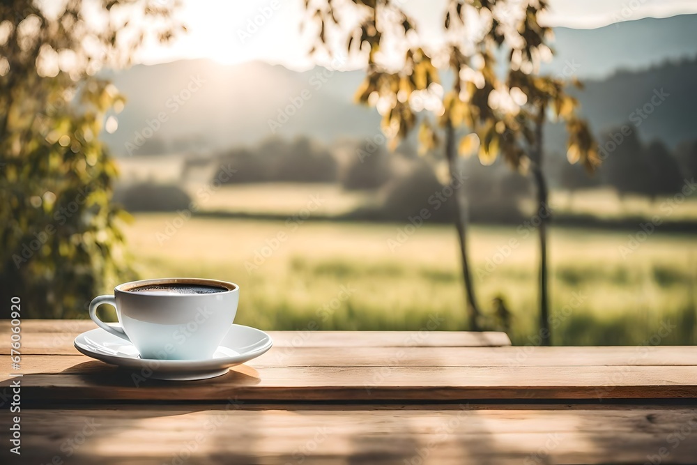 coffe cup on a wooden table , sunny morning in countryside ambiance coffe cup on a wooden table , sunny morning in countryside ambiance