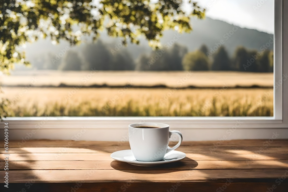 white cup of coffe on a wooden counter whit a view of the countryside in the morning light