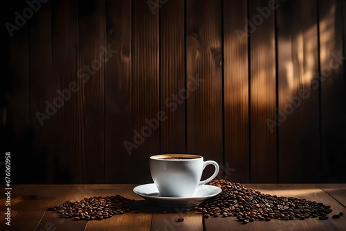 white coffee cup in a warm wooden background
