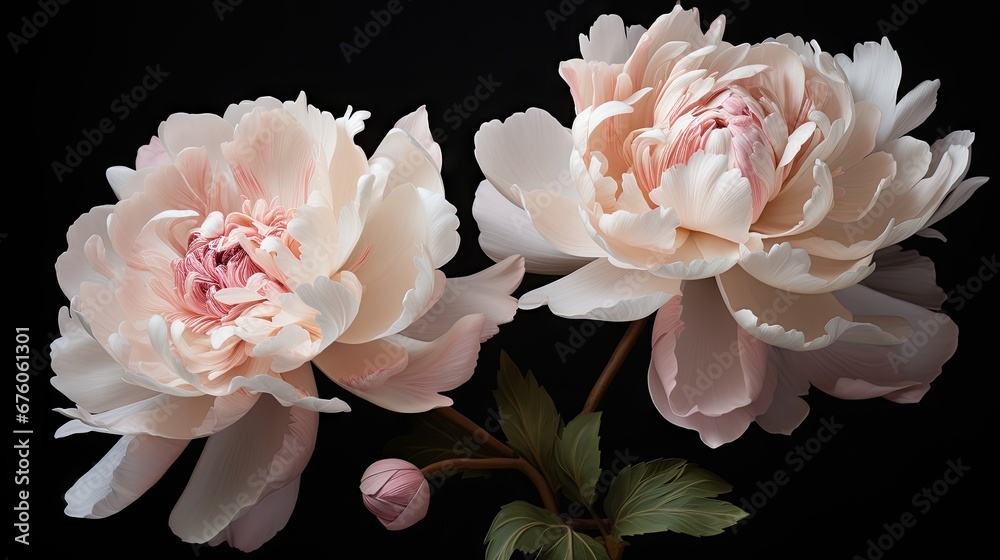 a couple of large pink flowers sitting on top of a black table next to a green leafy plant in front of a black background. generative ai a couple of large pink flowers sitting on top of a black table next to a green leafy plant in front of a black background. generative ai
