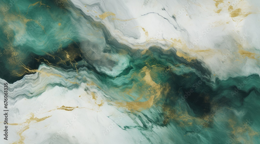 Abstract marbled background. Luxurious elegant green and white marble stone texture, with gold details.