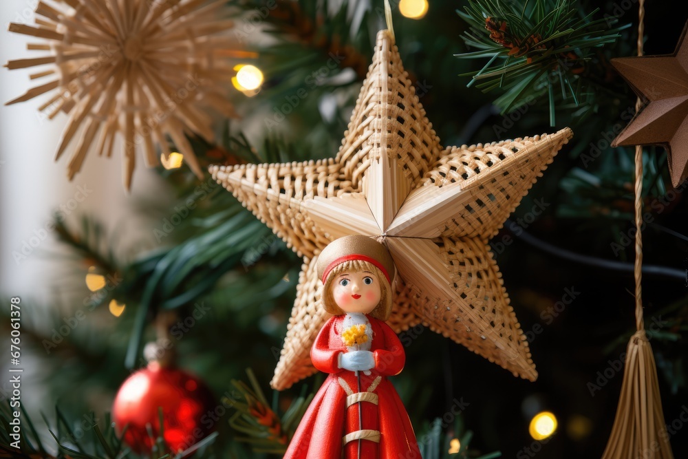 Straw Christmas decoration in the shape of a star with an angel