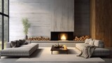 Minimalist interior style of modern living room with sofa, fireplace and concrete walls