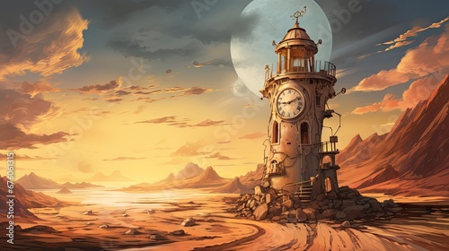  a painting of a clock tower in the middle of a desert with a full moon in the sky above it.  generative ai photo