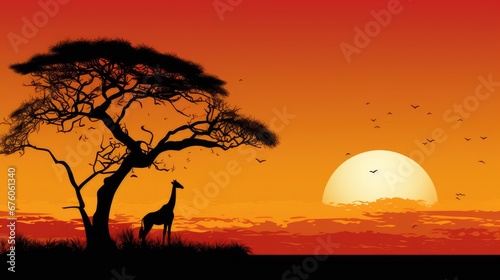 Illustration of a silhouette of a giraffe and an African tree at sunset