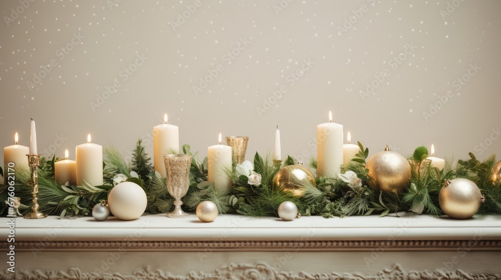  a mantel with candles and ornaments on it and a christmas garland on top of the mantel is decorated with greenery and gold baubs.  generative ai - obrazy, fototapety, plakaty 
