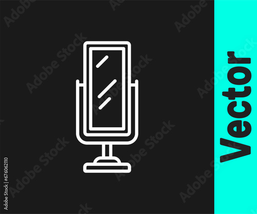 White line Big full length mirror for bedroom, shops, backstage icon isolated on black background. Vector