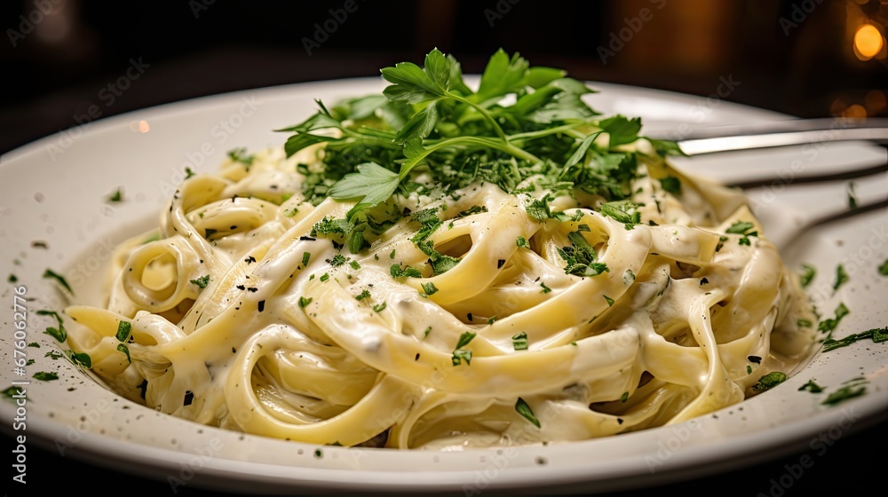  a close up of a plate of food with noodles and parsley on the top of the noodles and garnished with parsley.  generative ai