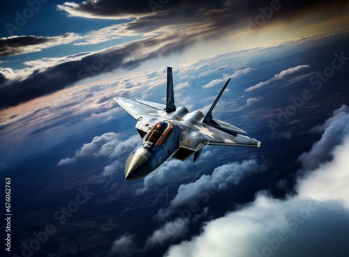Modern Combat 5th or 6th generation fighter aircraft flies at high altitude against a blue sky and ground. Combat aviation, Air Force. Military jet flying armed with surface-to-air missiles. photo