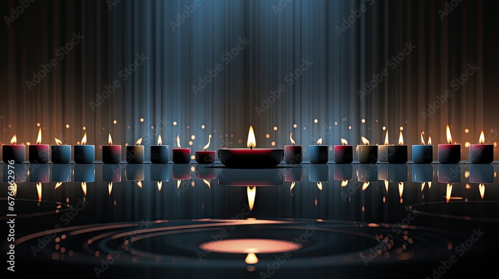 Φωτογραφία a row of lit candles sitting on top of a table next to a candle holder on top of a table
