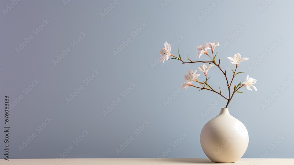  a white vase with pink flowers in it sitting on a table with a blue wall in the backround.  generative ai